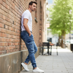 Livergy Men's Acid Wash Denim Cargo Joggers - Light Blue