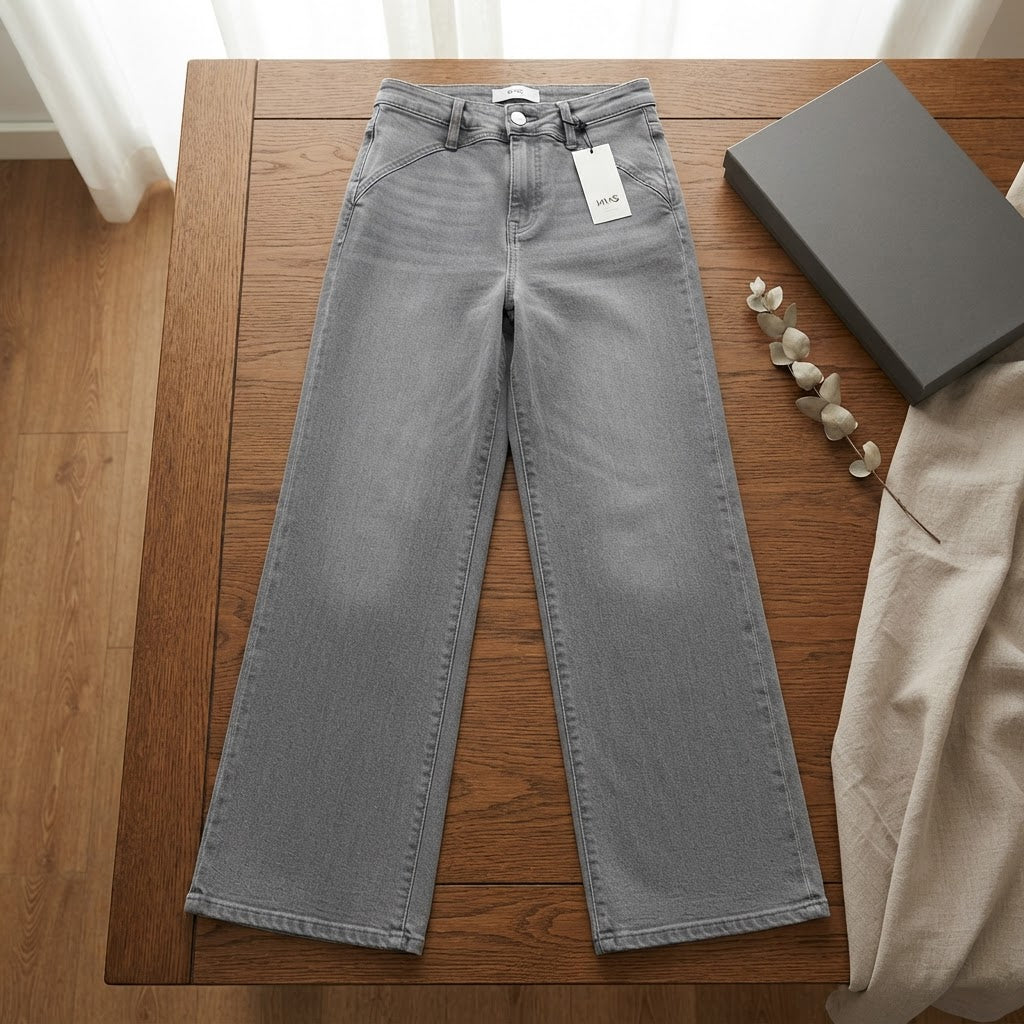 Mango Grey Wide-Leg Denim Jeans with Architectural Waistband