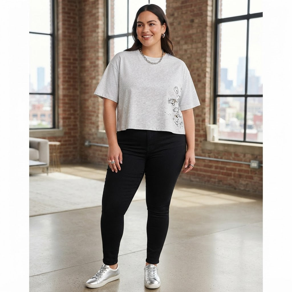 Women's Grey Graphic Print Boxy T-Shirt