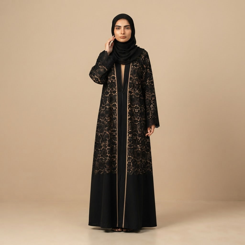 Black Lace and Crepe Modest Long Abaya Robe (Winter)