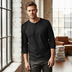 Livergy Men's Black Long Sleeve Henley T-Shirt Size Large