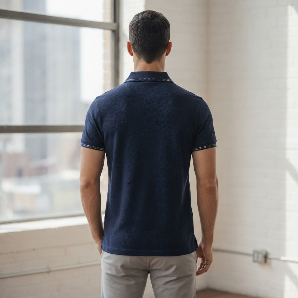 Burberry Navy Blue Tipped Cotton Polo Shirt with Gold Embroi