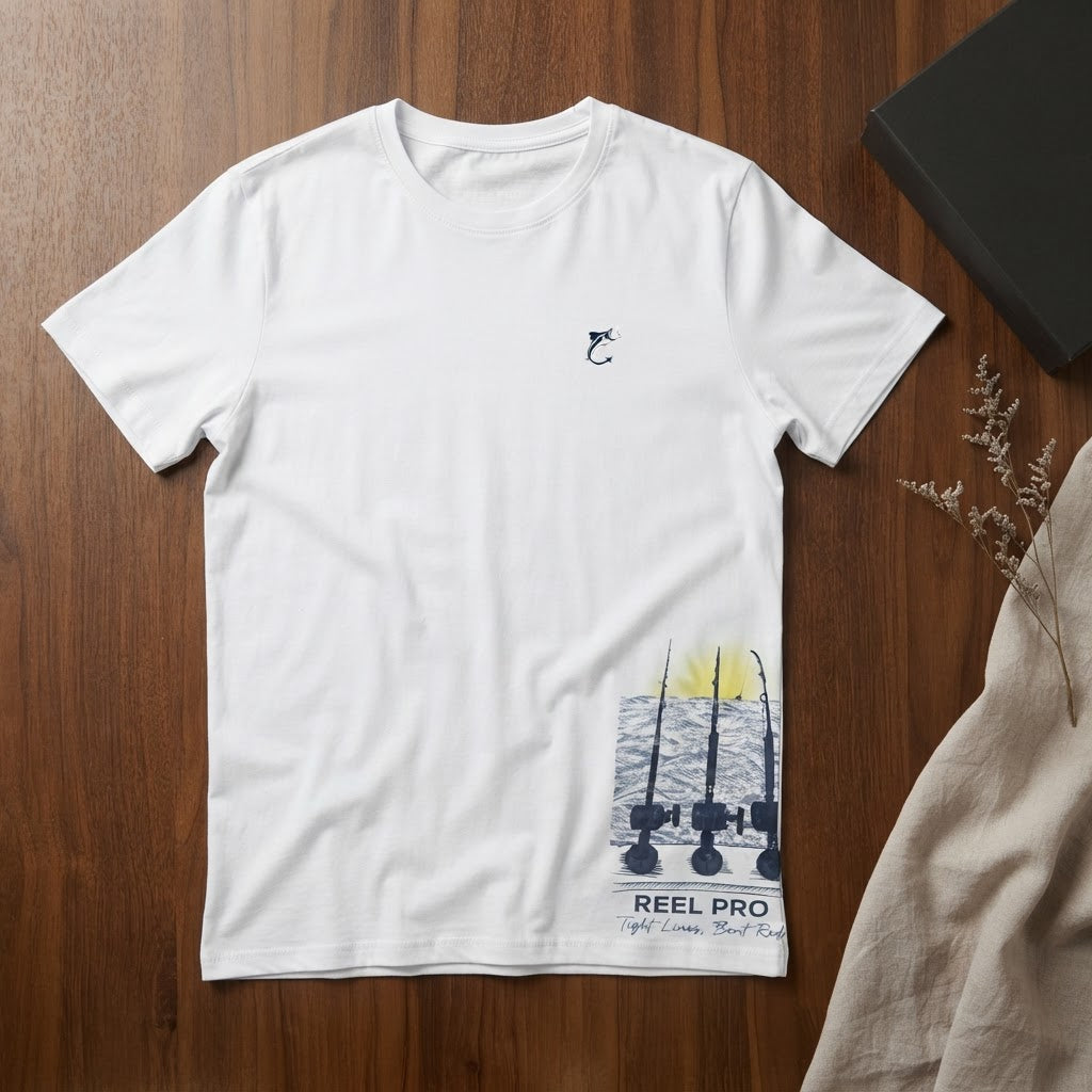Reel Pro Fishing White Short-Sleeve Graphic T-Shirt with Fis