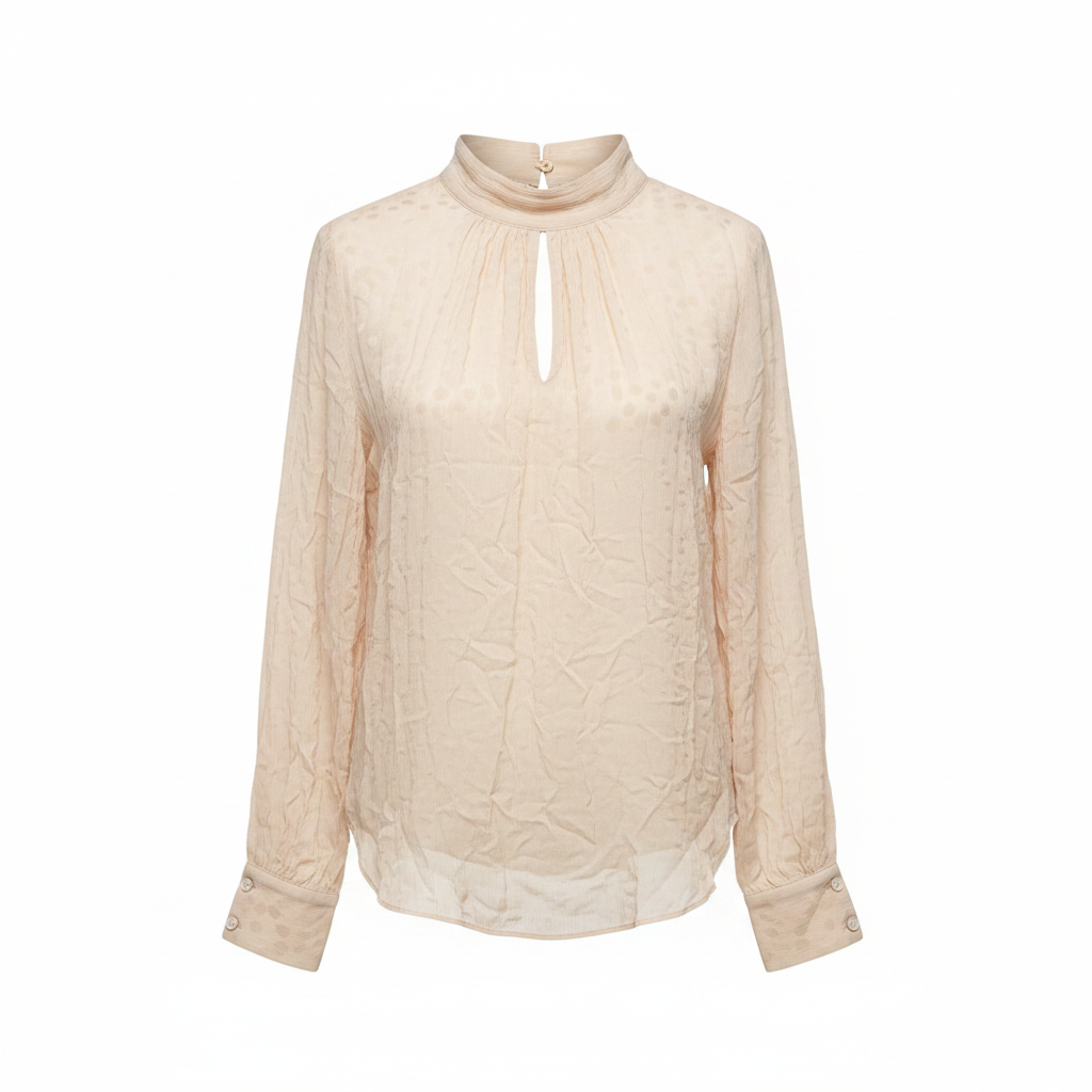 Elegant Beige High Neck Keyhole Blouse