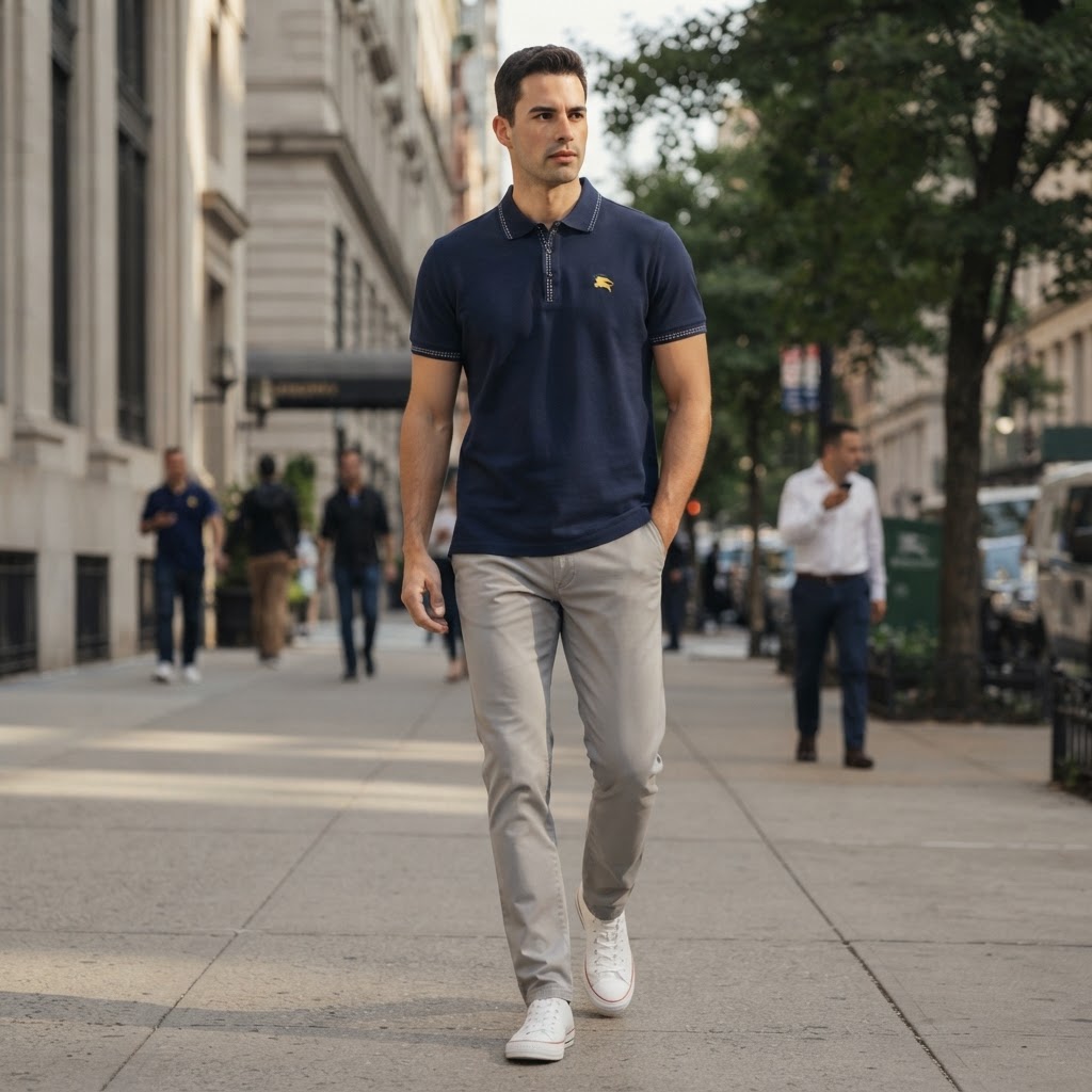 Burberry Navy Blue Tipped Cotton Polo Shirt with Gold Embroi