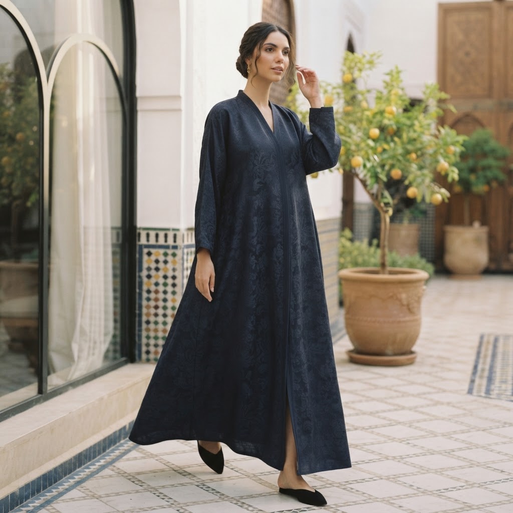 Al Wisham Al Aneeq Deep Navy Floral Jacquard A-Line Floor-Le