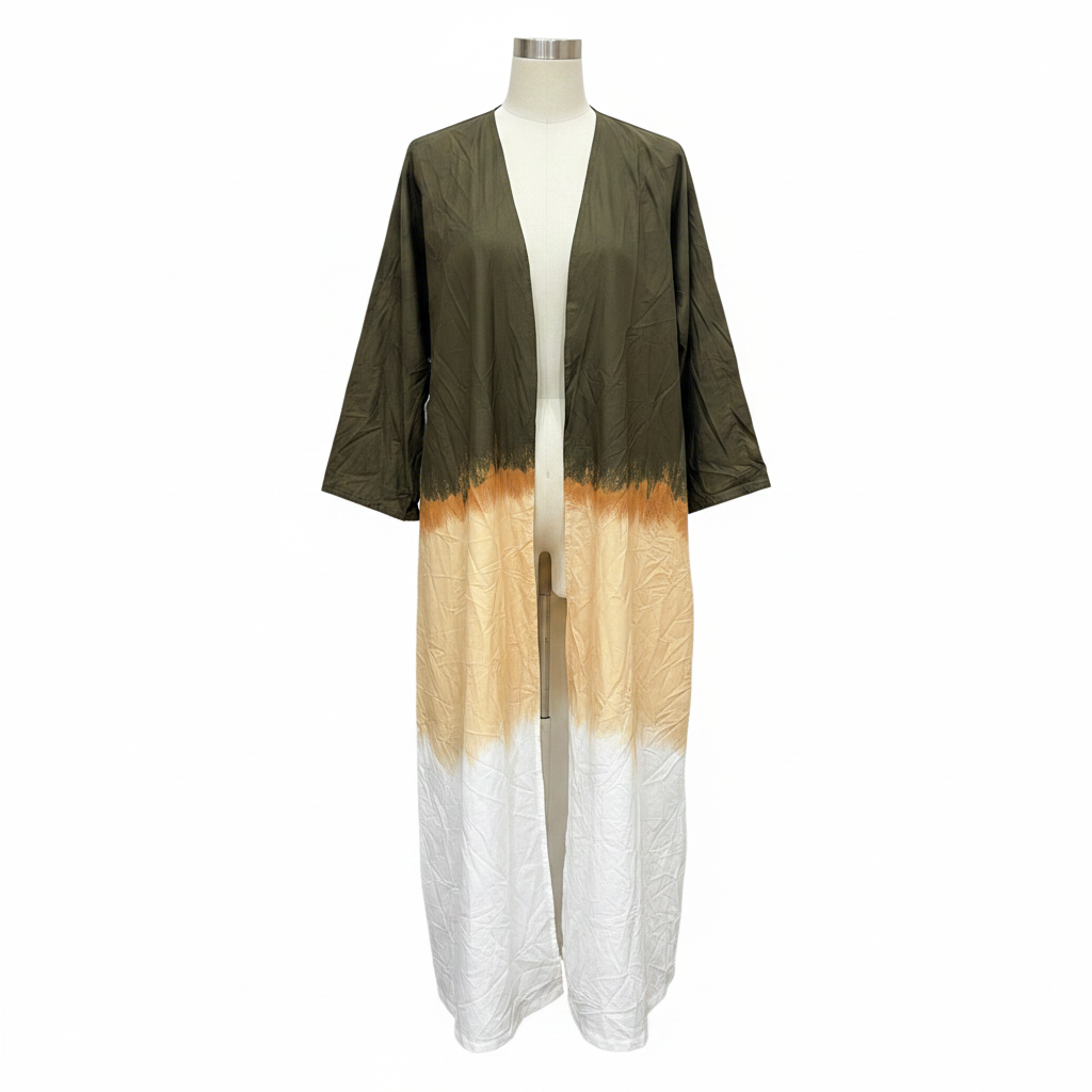 Women's Olive and White Color-Block Longline Kimono