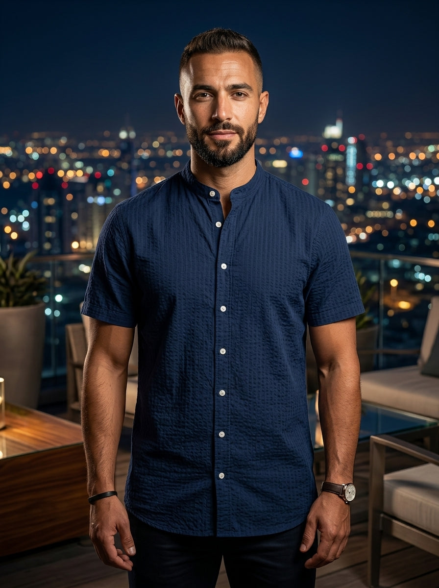 Livergy Short-Sleeve Shirt - Navy Blue Mandarin Collar