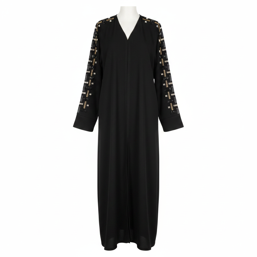 Women's Black Beaded Crepe Long Open Abaya Cardigan