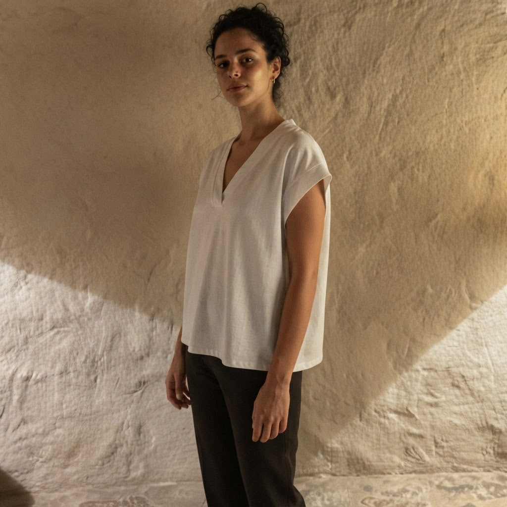 anko White Relaxed Boxy V-Neck Cap-Sleeve Cotton Top