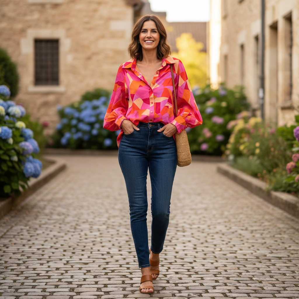 Caroline Morgan Women's Geometric Print Puff Sleeve Blouse
