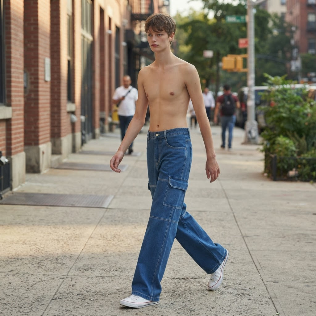 off-white Medium Blue Wide Leg Cargo Denim Jeans with Contra