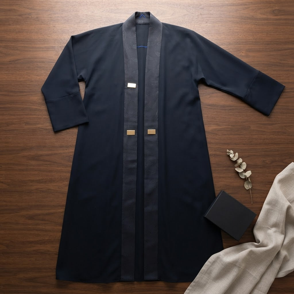 Deep Navy Black Open-Front Abaya with Jacquard Sash