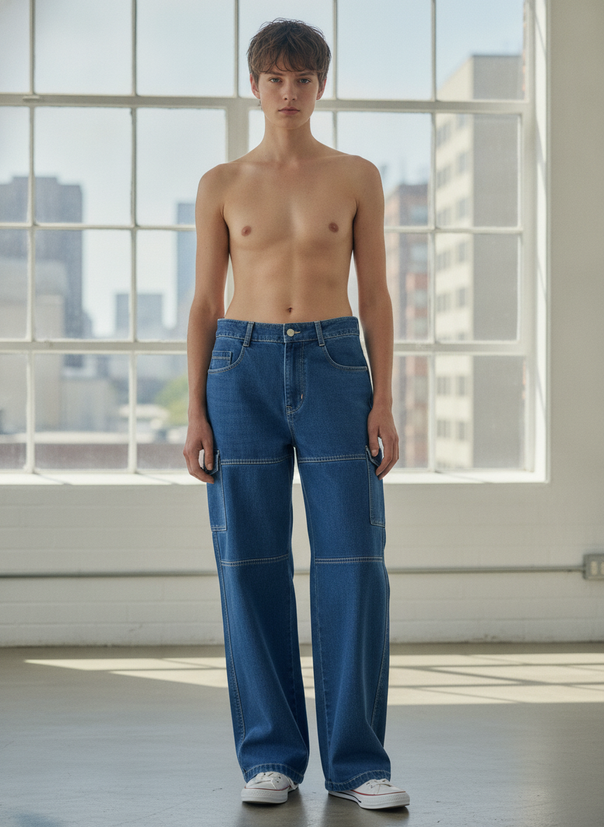off-white Medium Blue Wide Leg Cargo Denim Jeans with Contra