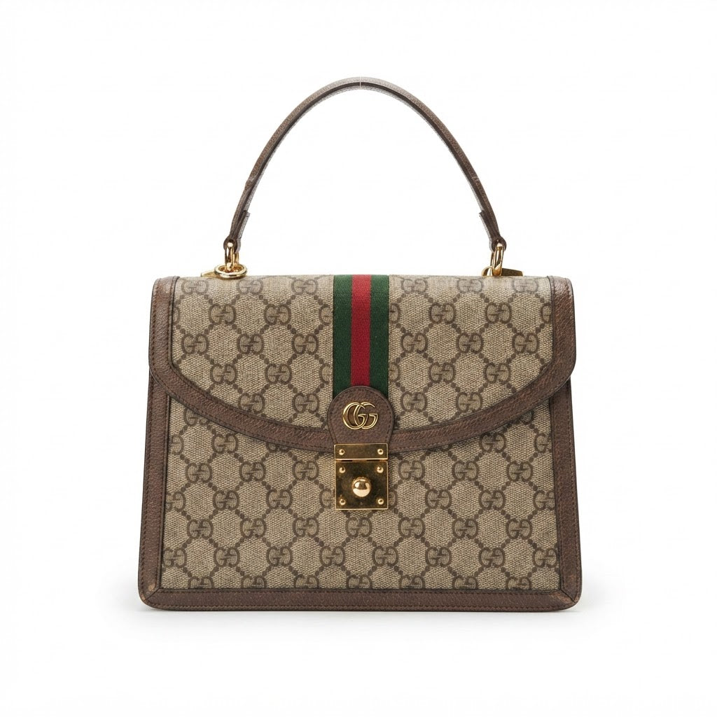GUCCI Monogram Canvas Top Handle Bag with Web Stripe