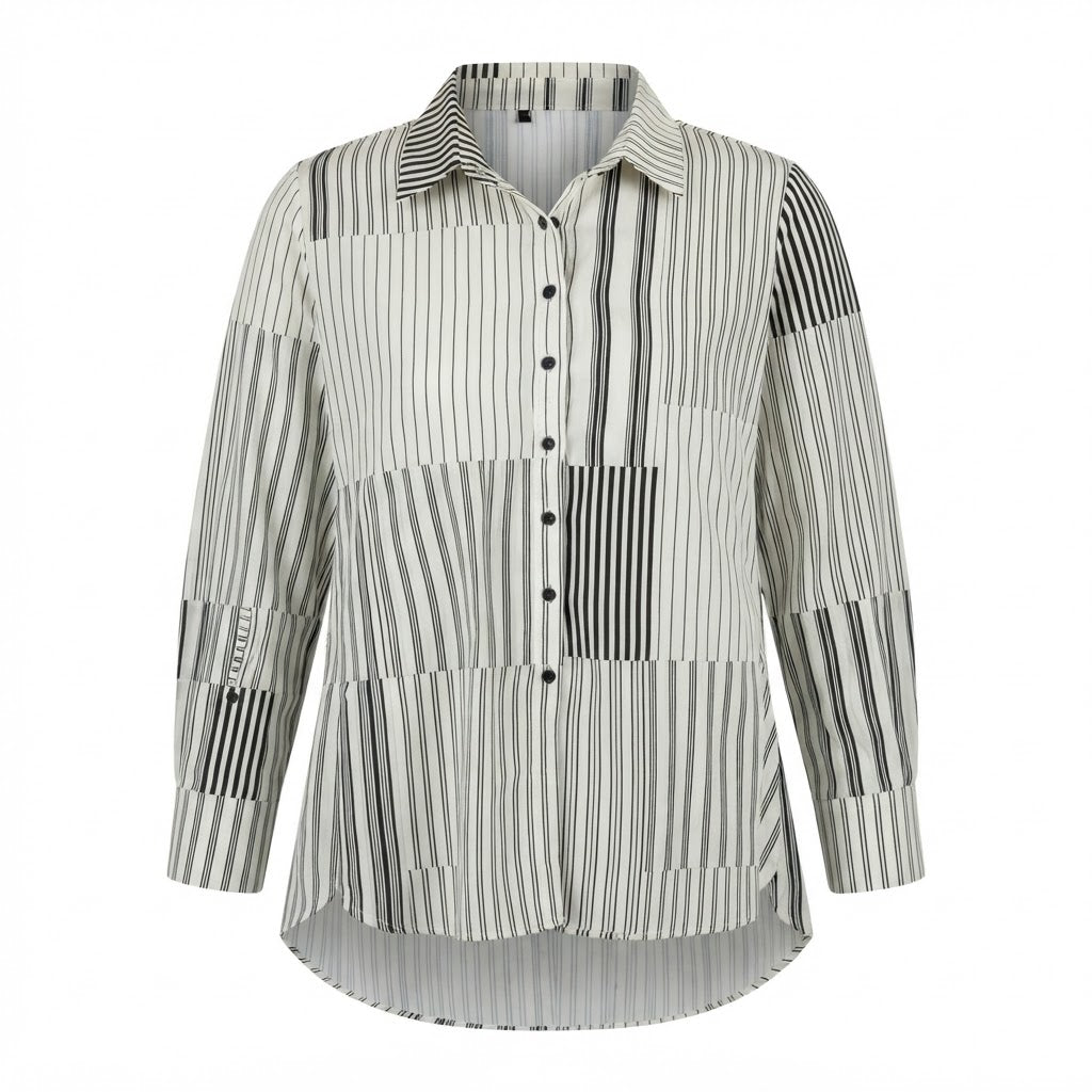 Women's Black and White Striped Oversized Button-Down Shirt