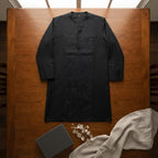 Black Botanical Jacquard Panel Men's Long Kurta