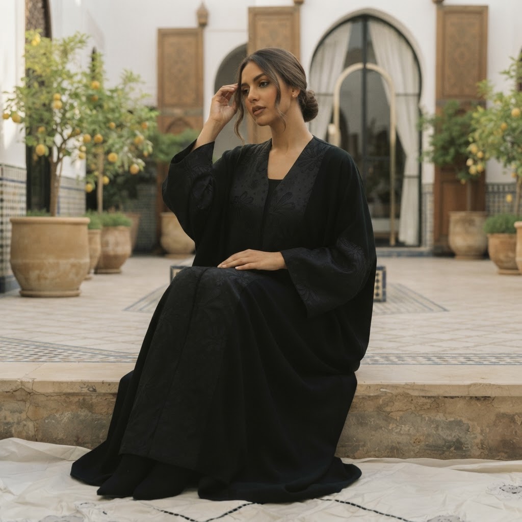Black Embroidered Tonal Panel Kaftan Abaya