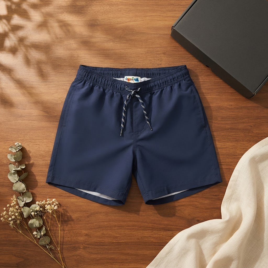 [WearU Generated:merch_flat_lay] Navy Polyester Solid Wide-leg Shorts – flat lay view