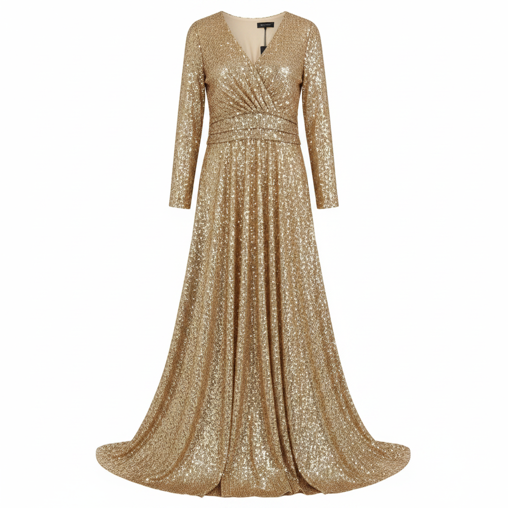 Juli Collection Gold Sequin Long Sleeve V-Neck Gown