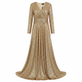 Juli Collection Gold Sequin Long Sleeve V-Neck Gown