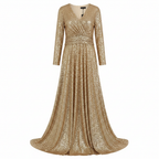 Juli Collection Gold Sequin Long Sleeve V-Neck Gown