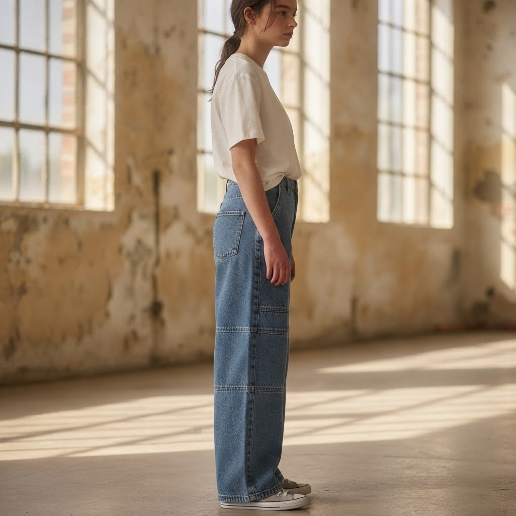Rfâ Mid Blue Stonewash Skater Fit Wide Leg Panelled Jeans