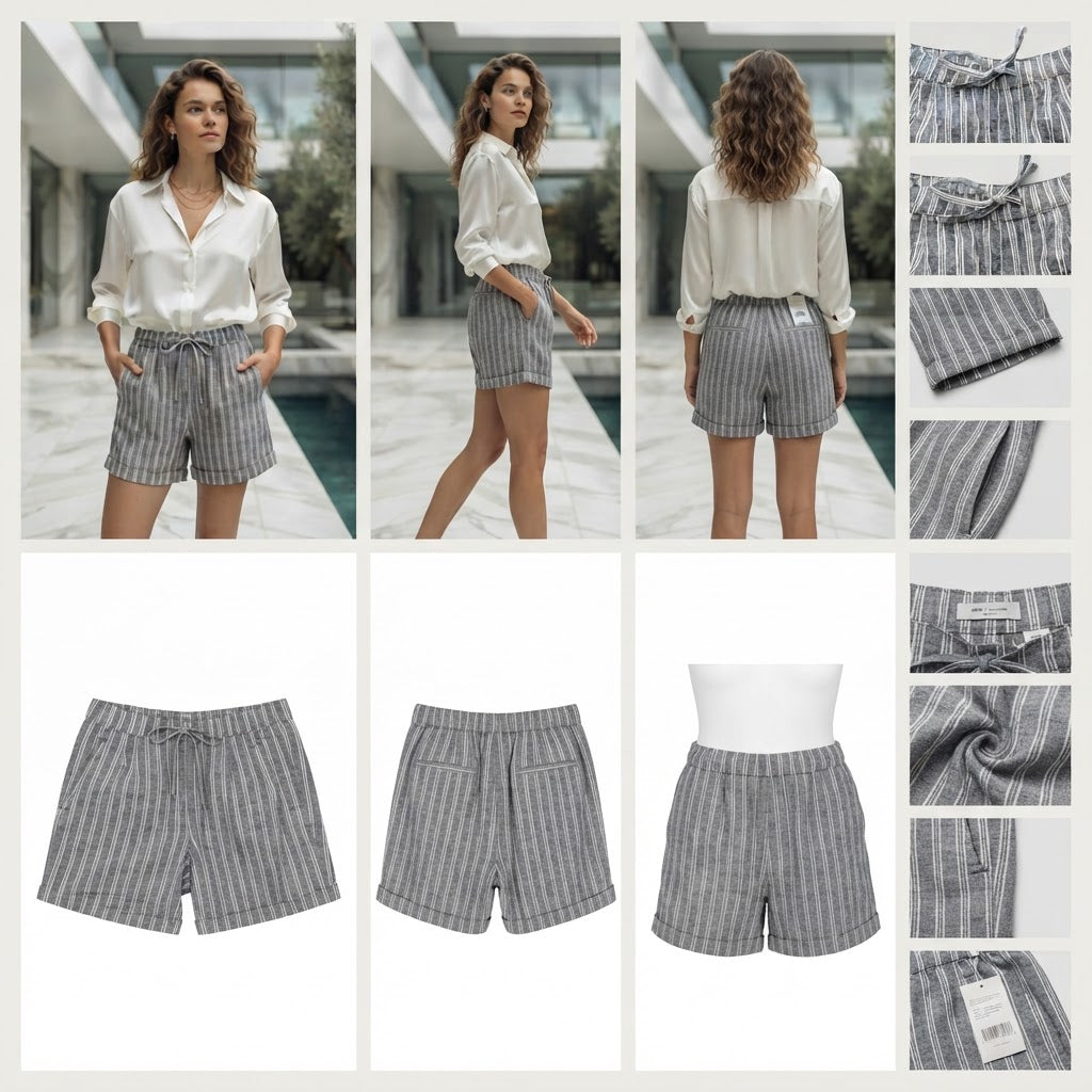 Dark Grey and White Striped Drawstring Linen Shorts