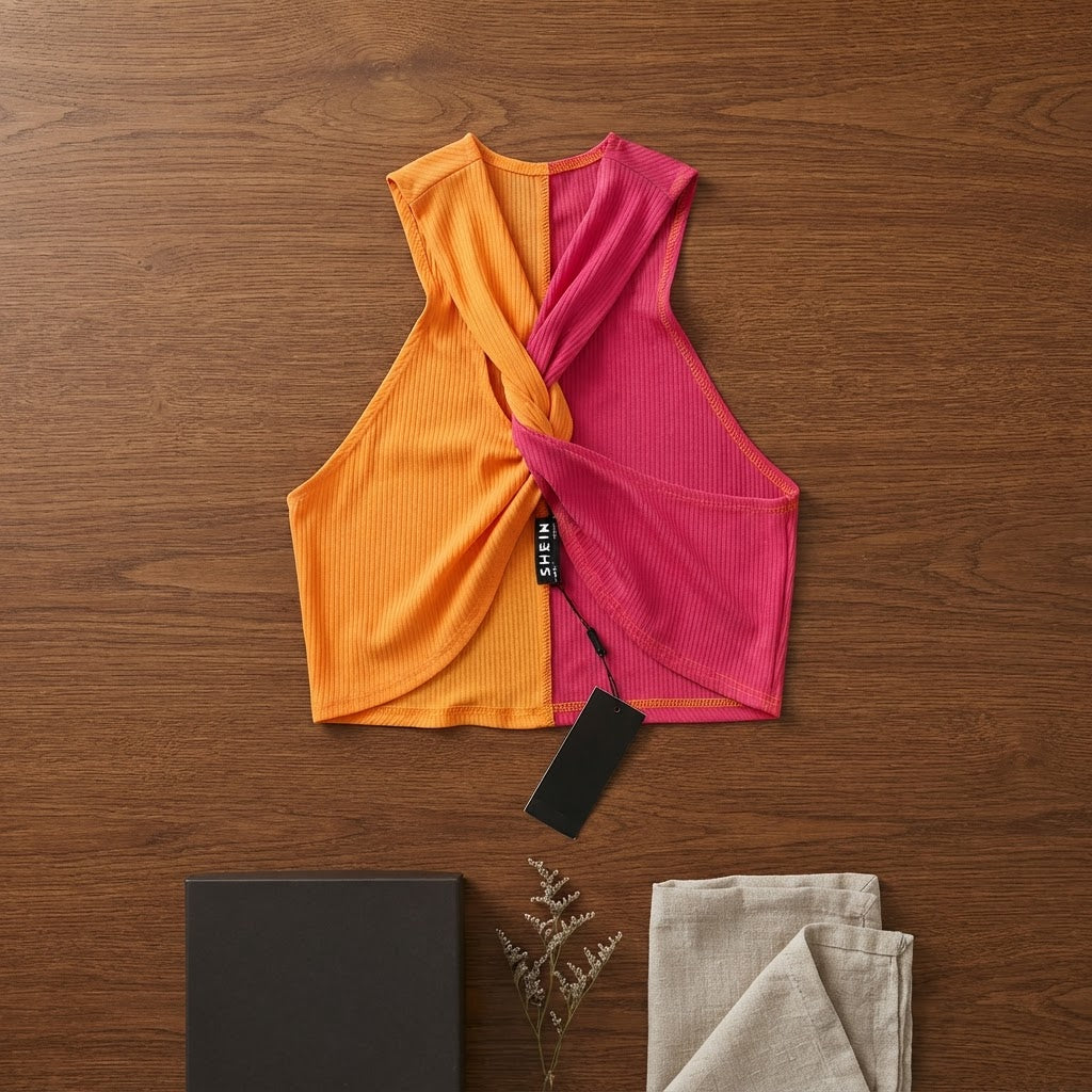 SHEIN Orange and Pink Twist-Front Color-Block Crop Top