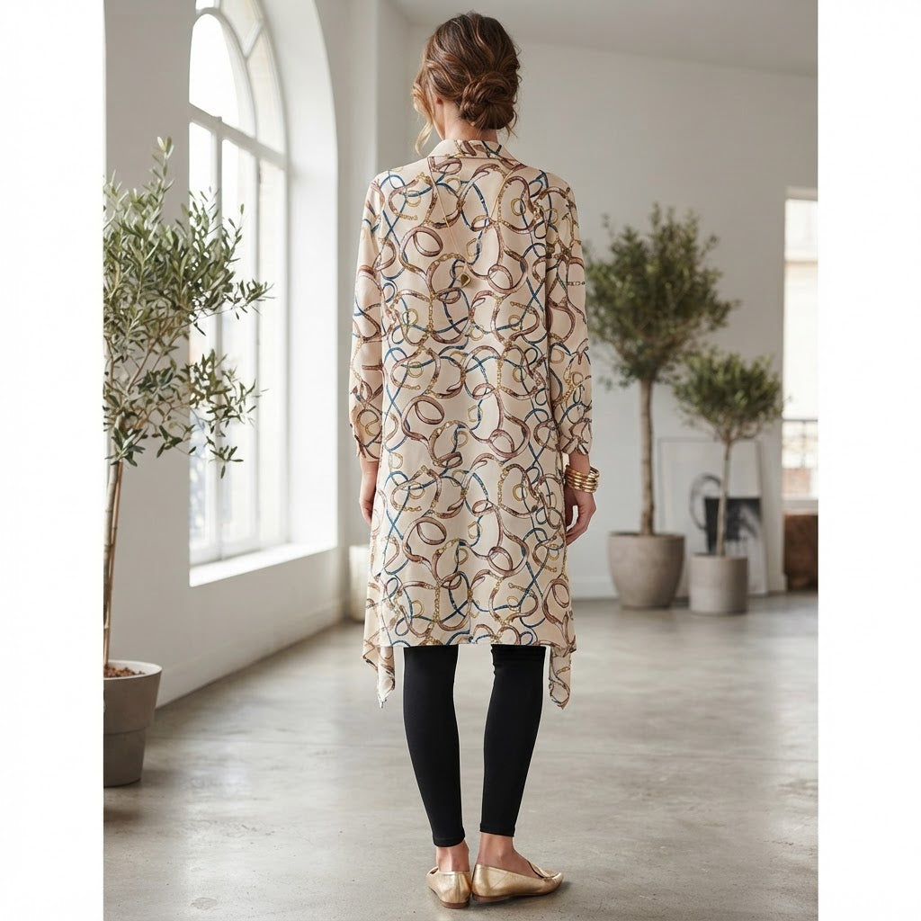 SHEIN Women's Beige Longline Chain Print Open-Front Cardigan