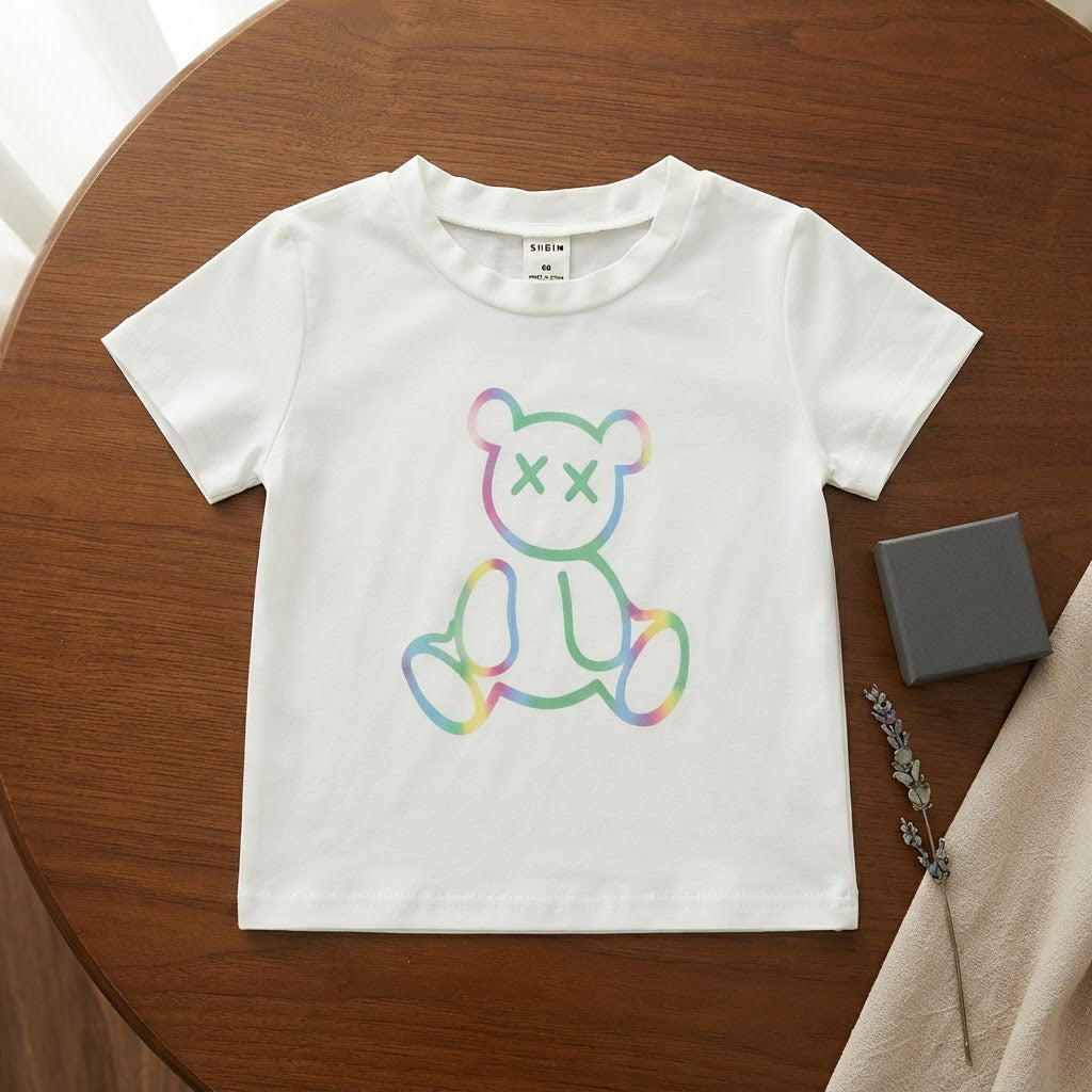 SHEIN White Infant T-Shirt with Rainbow Outline Bear Graphic