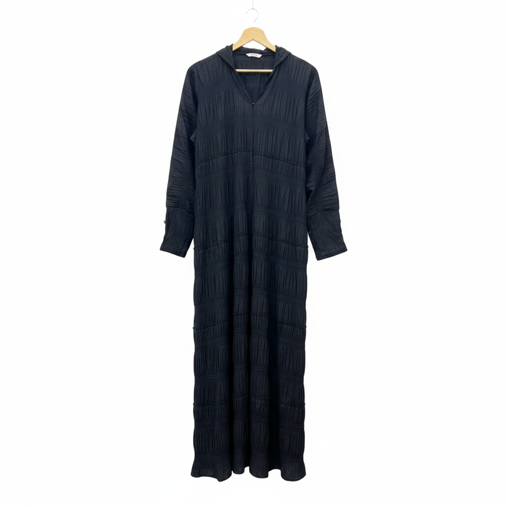 Women's Black Ruched Maxi Open-Front Robe
