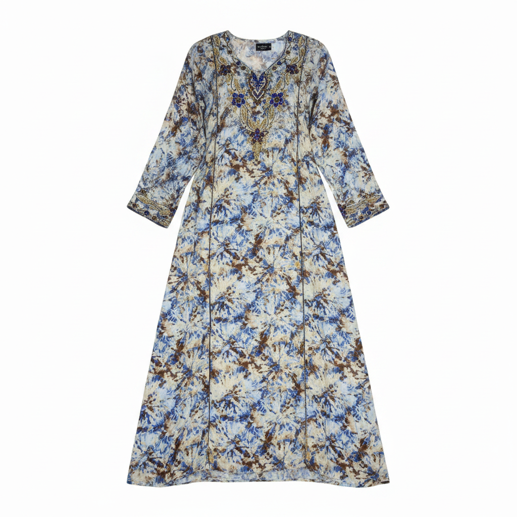 Women's Blue & Brown Tie-Dye Embellished Maxi Kaftan Dress