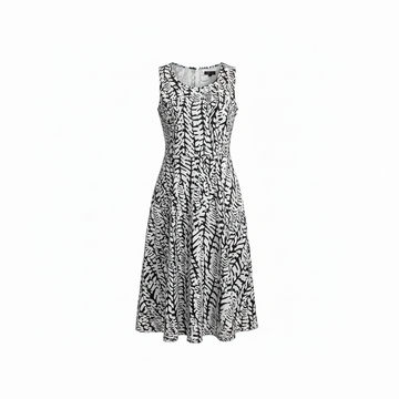 Black and White Abstract Leaf Fit and Flare Midi Dress