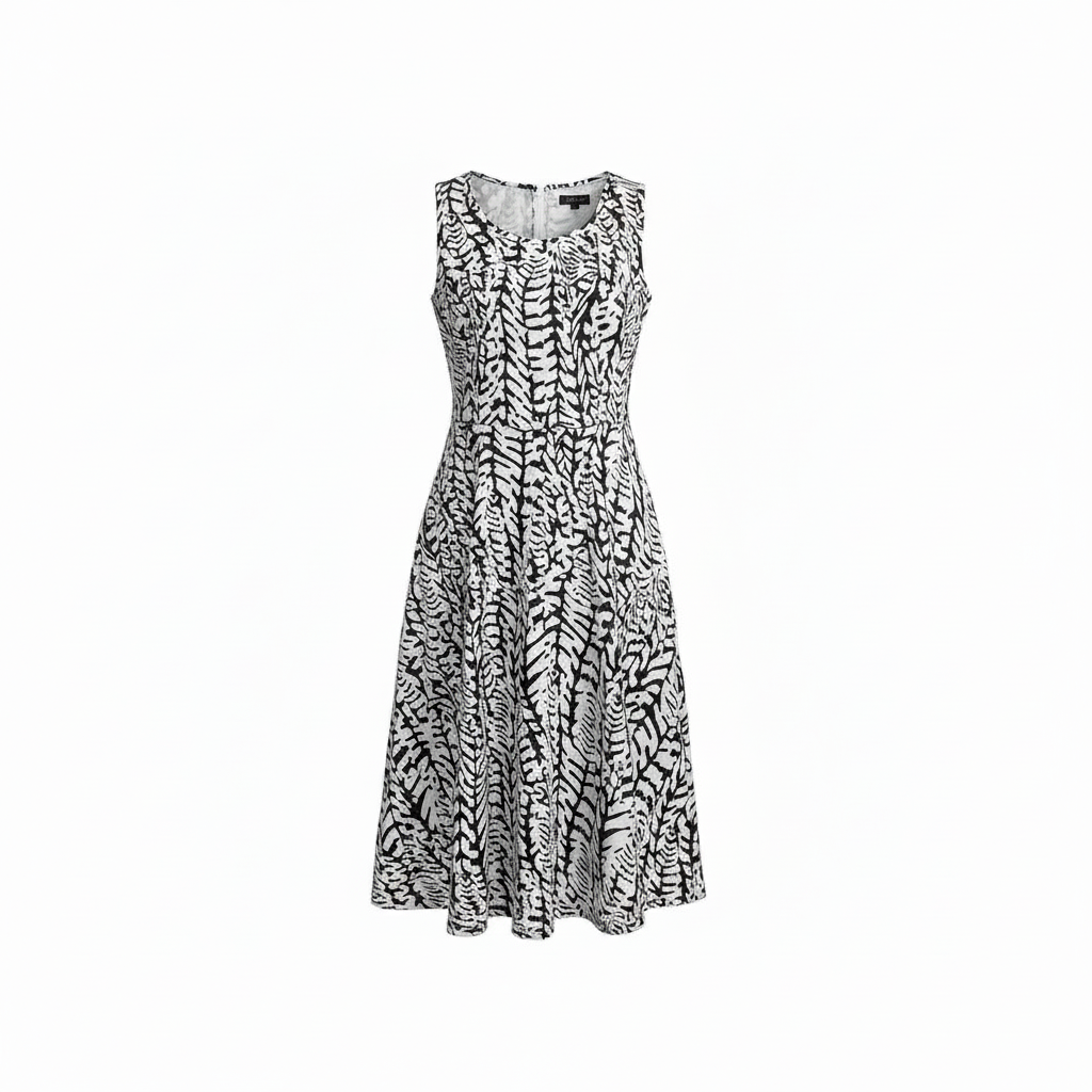 Black and White Abstract Leaf Fit and Flare Midi Dress