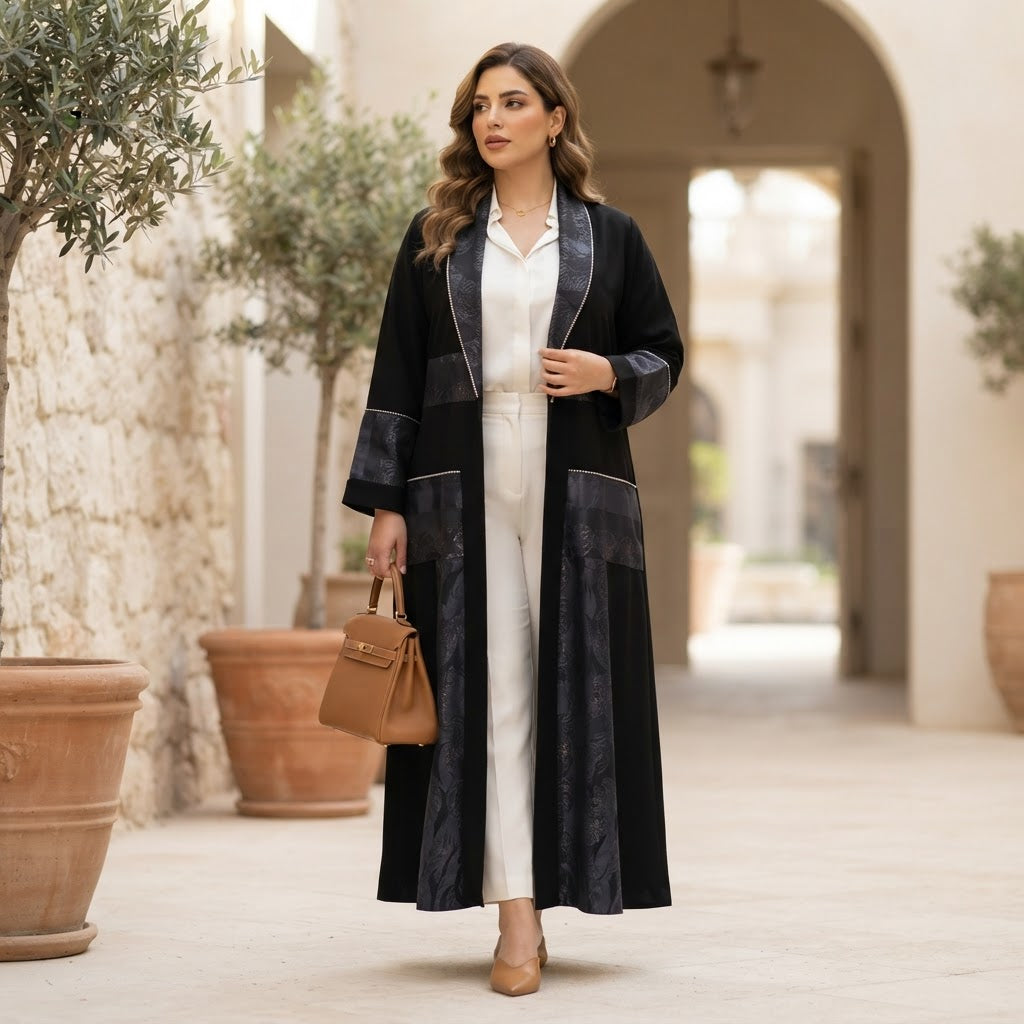 Women's Black & black Metallic Jacquard Open Abaya
