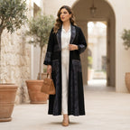 Women's Black & black Metallic Jacquard Open Abaya