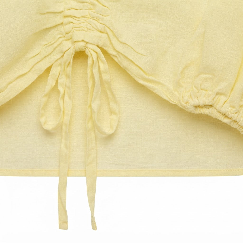 Women's Yellow Linen V-Neck Ruched Blouse