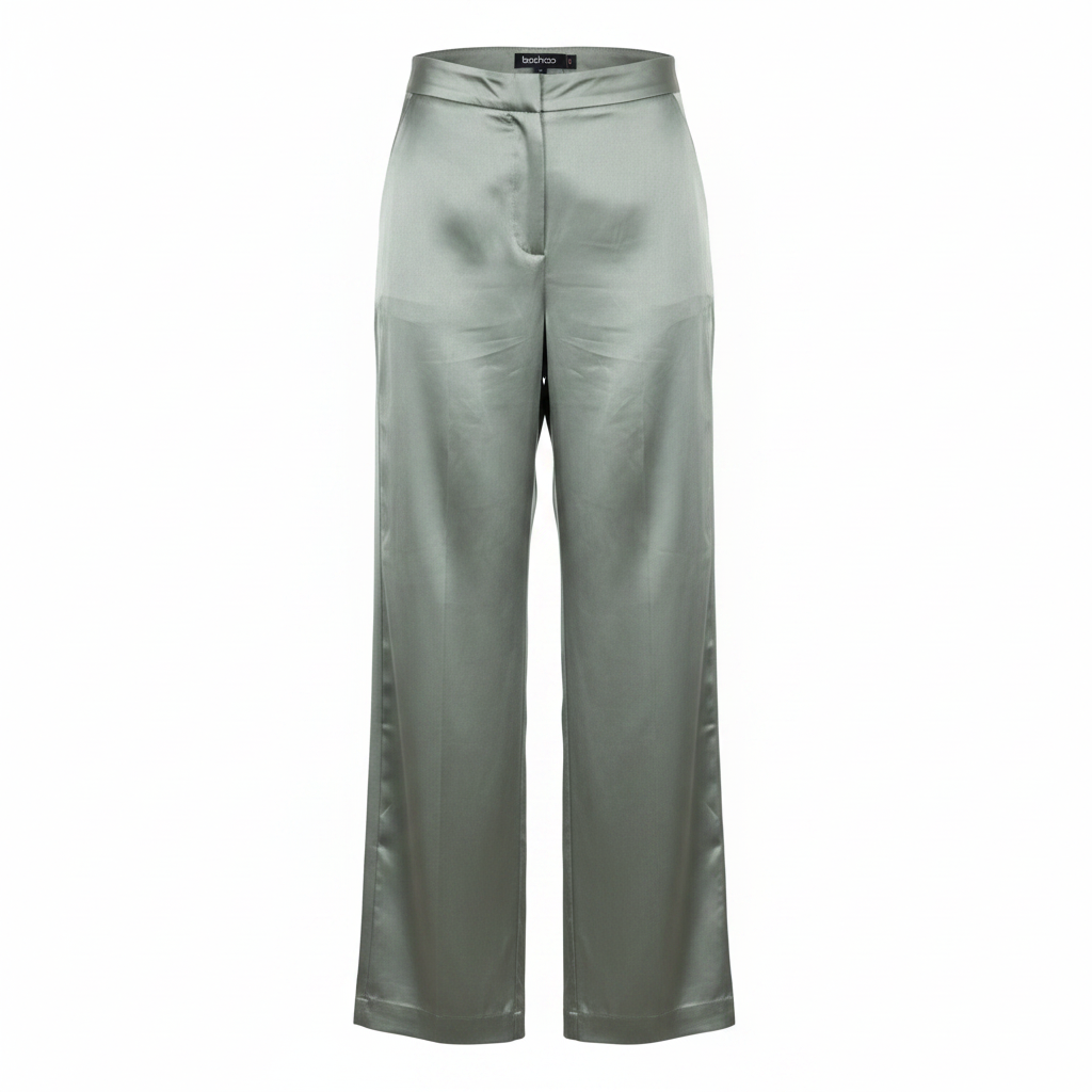 Boohoo Sage Green Satin Wide Leg High Waisted Trousers