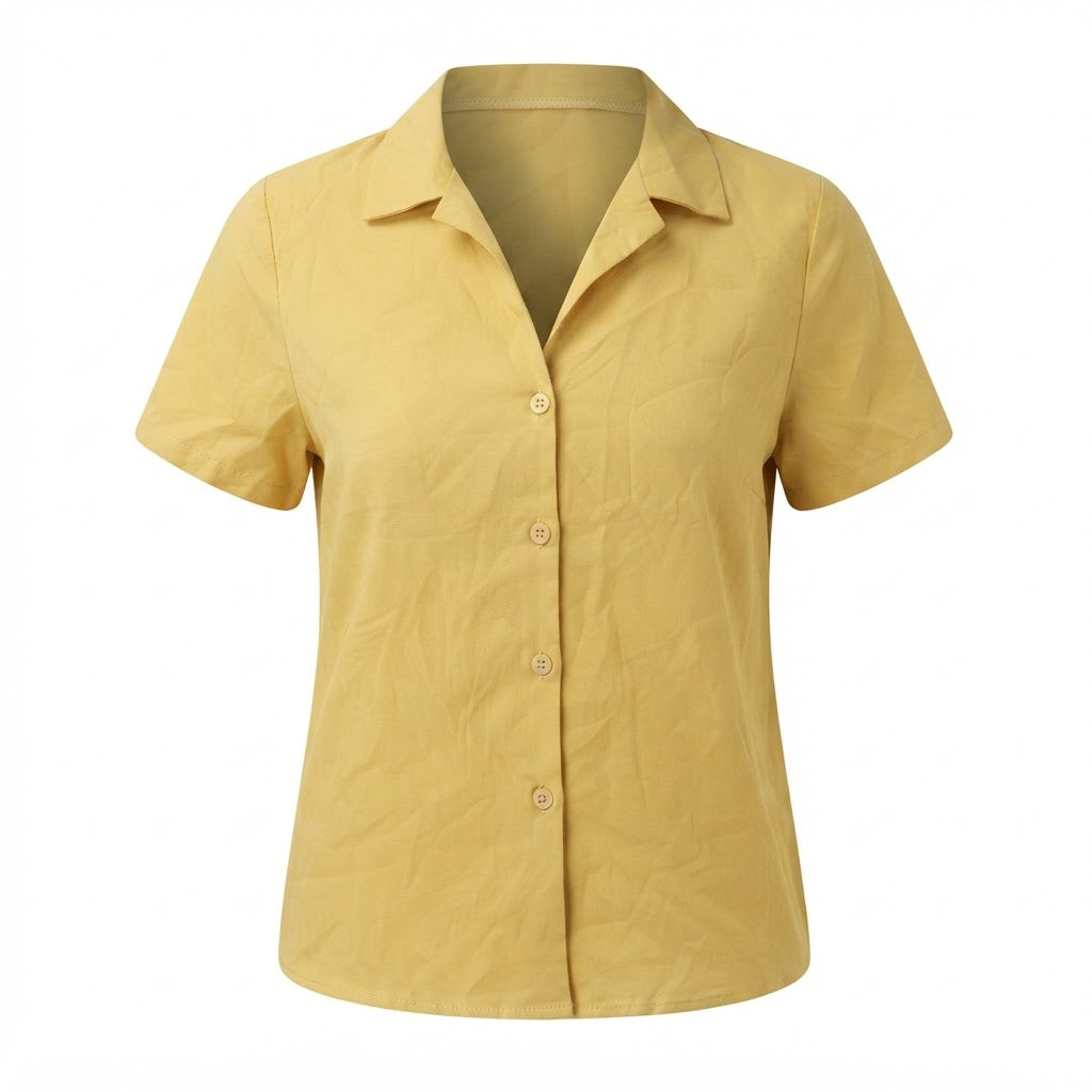 Women's Yellow Short-Sleeved Camp Collar Shirt
