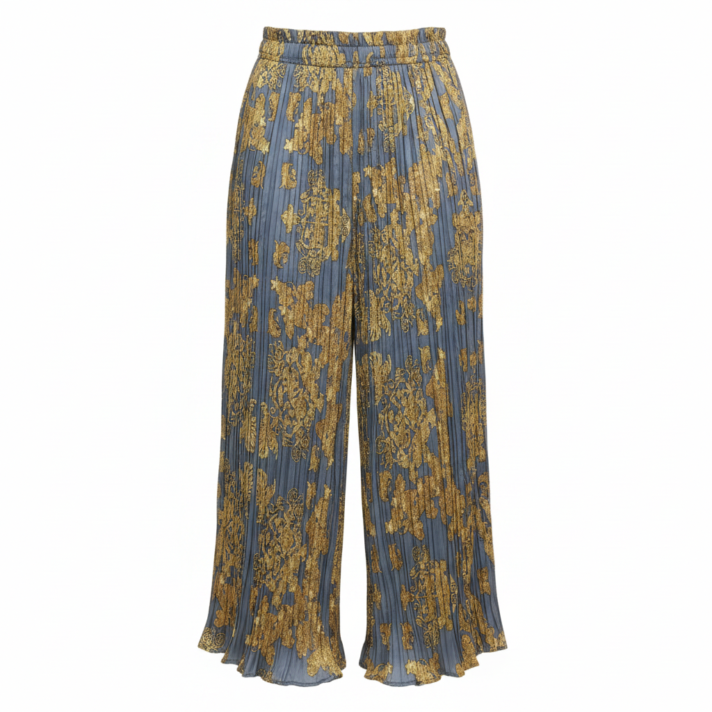 Women's Grey & Gold Baroque Print Pleated Wide Leg Trousers