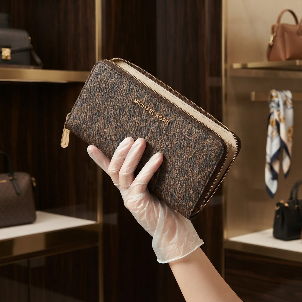 [WearU Generated:campaign_3] Michael Kors Dark Brown Monogram Rectangular Zip-Around Wallet – back view