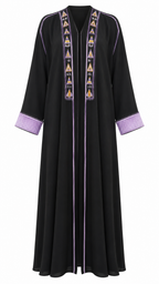 Black Open Front Gulf Style Abaya with Purple Embroidery
