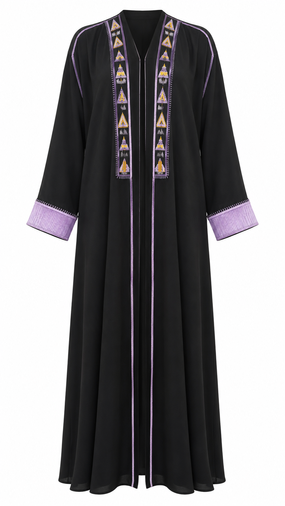 Black Open Front Gulf Style Abaya with Purple Embroidery