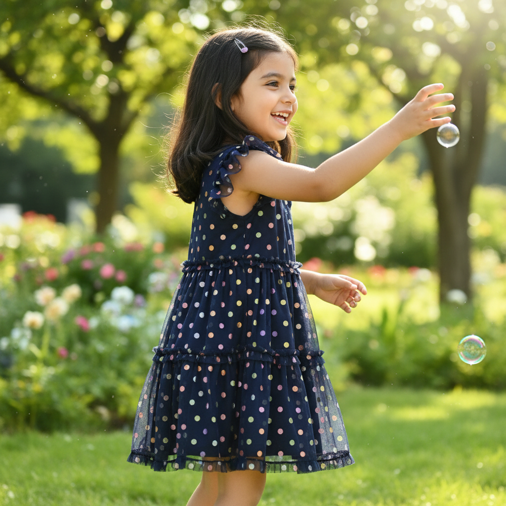 Three Pink Hearts Navy Metallic Polka Dot Tiered Dress