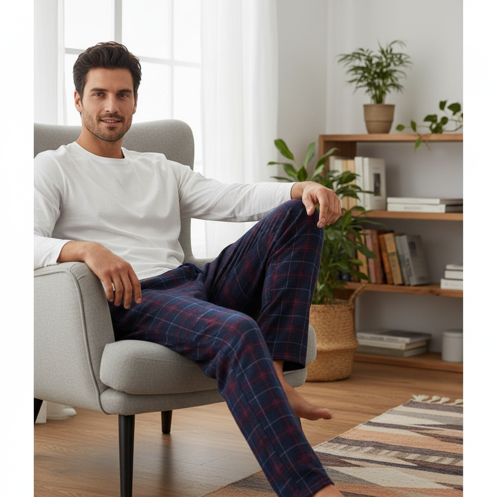 Livergy Men's Plaid Flannel Pajama Pants - Navy/Burgundy