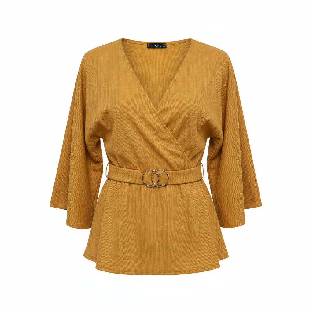 Quiz Mustard Yellow Ribbed Belted Wrap Top