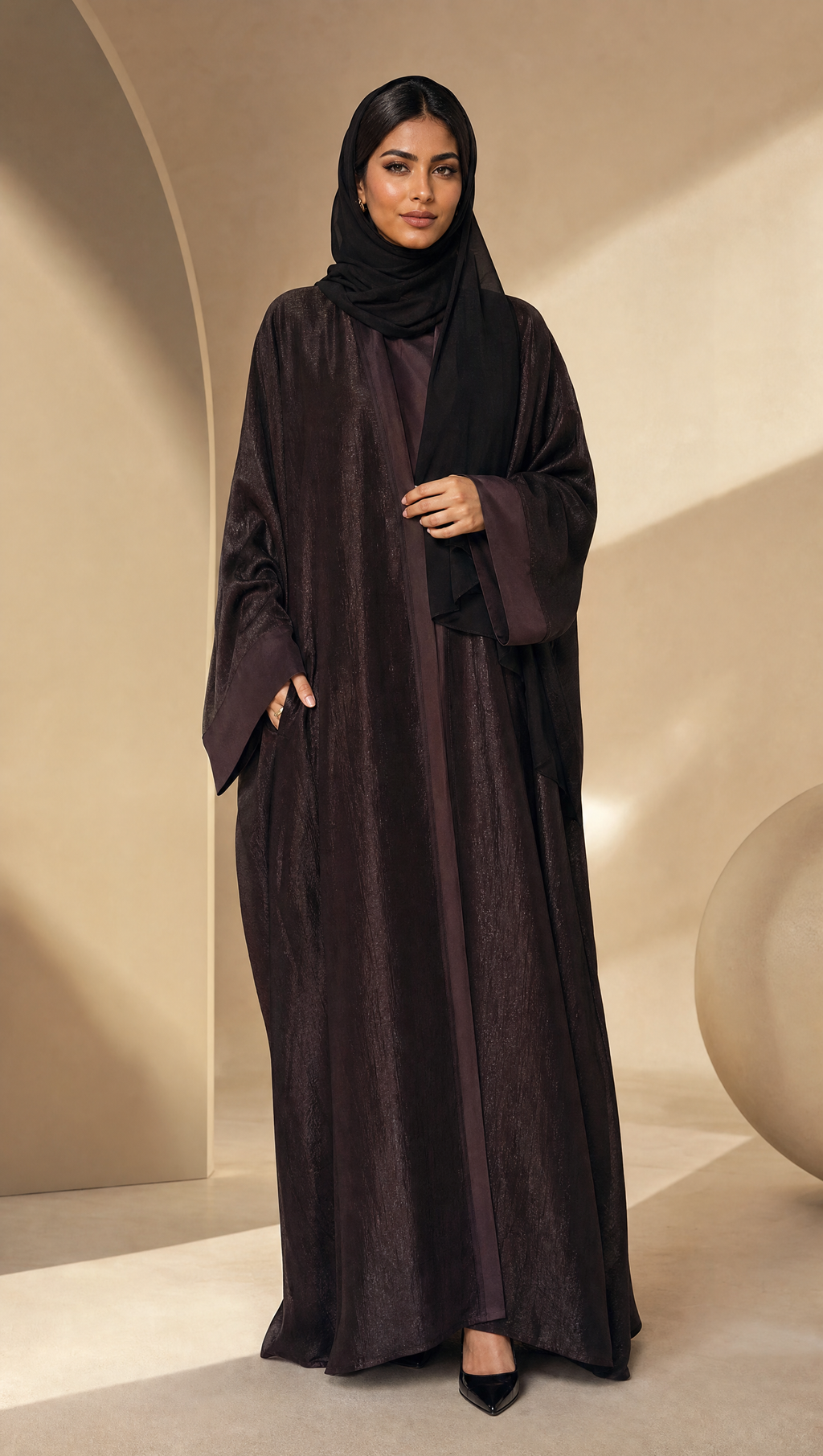 Women's Brown Metallic Open Front Draped Cape Abaya