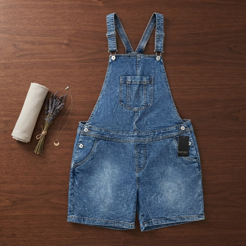 esmara Mid-Wash Blue Acid Wash Denim Short Overalls