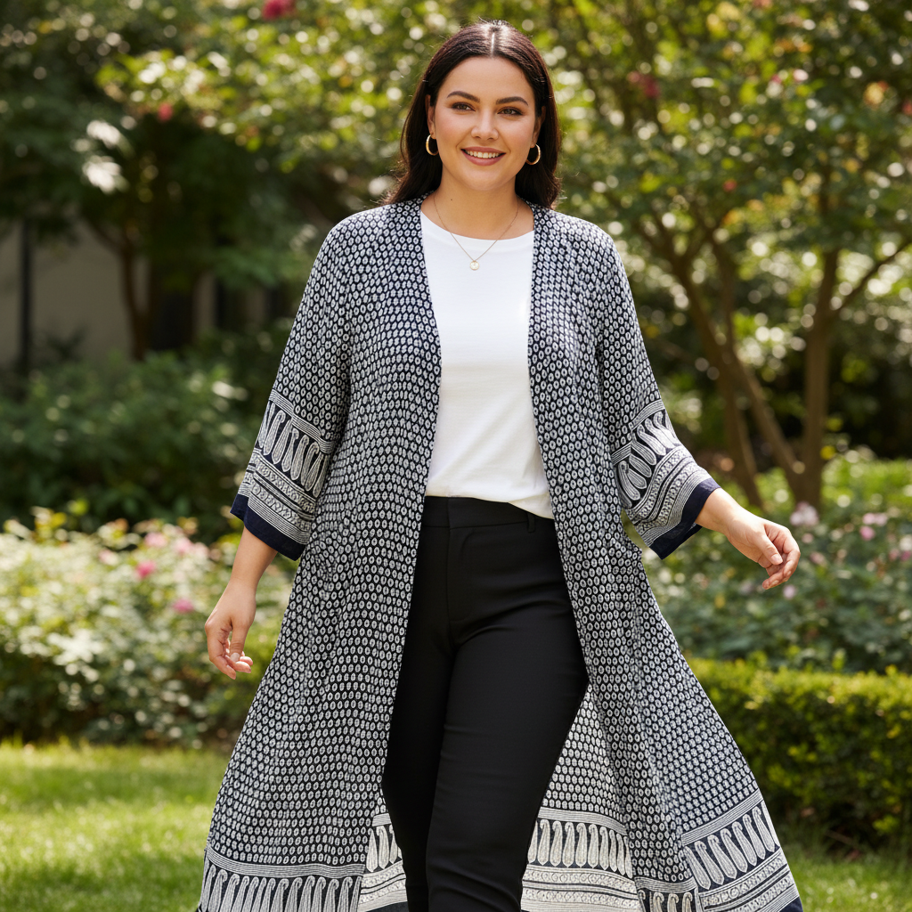 Women's Navy and White Printed Longline Kimono